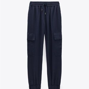 Zara Navy Silky Cargo Pants w elastic waistband. Medium. Very good used cond.